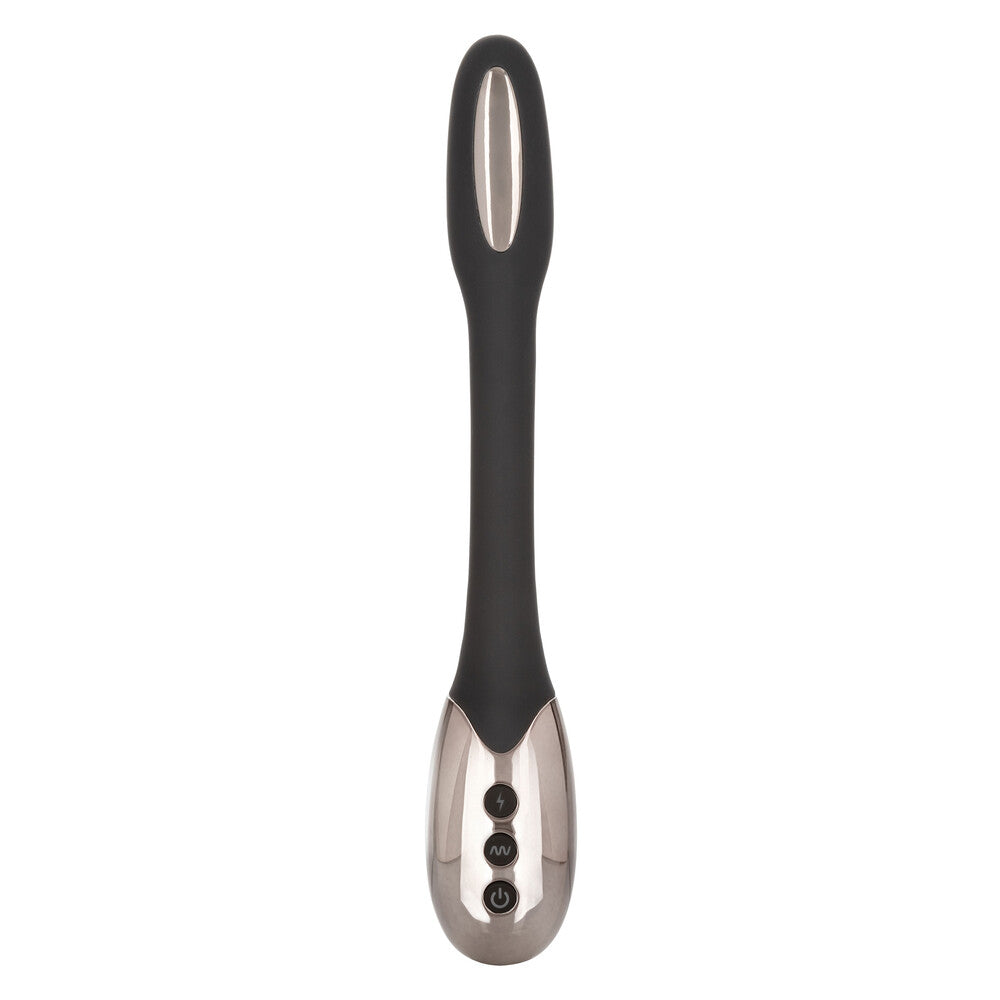 Black and silver wand massager on a white background