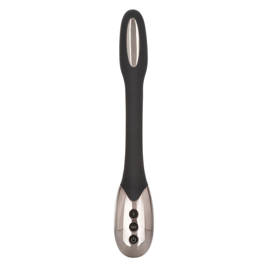 Black and silver wand massager on a white background