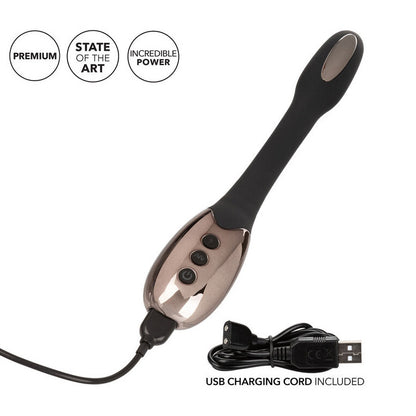 Black and silver electronic device with USB charging cord on a white background