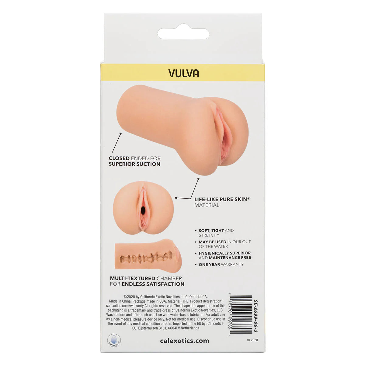 Product packaging of a vulva-shaped item with branding and product details on a white background.