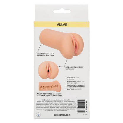 Product packaging of a vulva-shaped item with branding and product details on a white background.