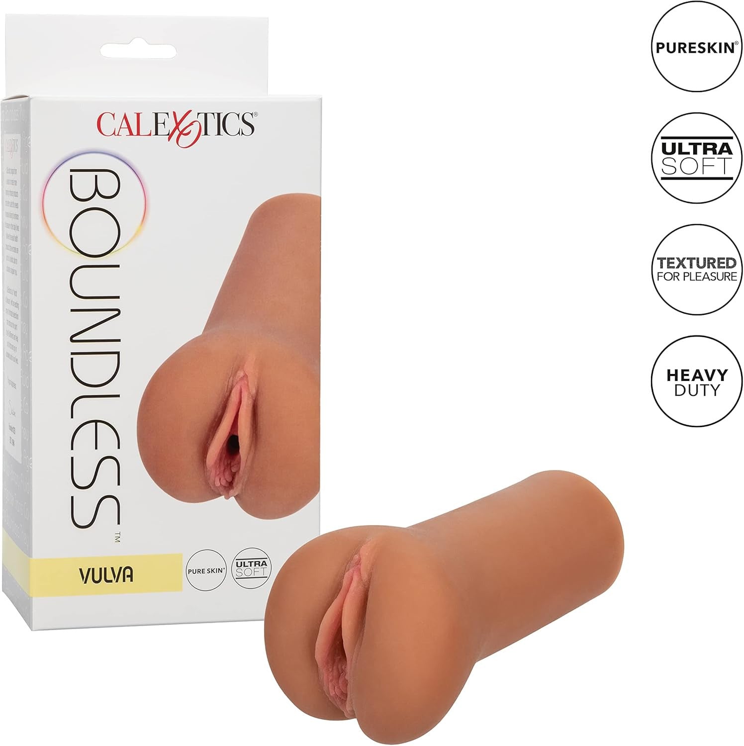 California Exotics Boundless Vulva Male Masturbator PureSkin Flesh Brown Stroker on a white background