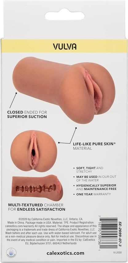 Product packaging of a vulva-shaped item with text on a beige background