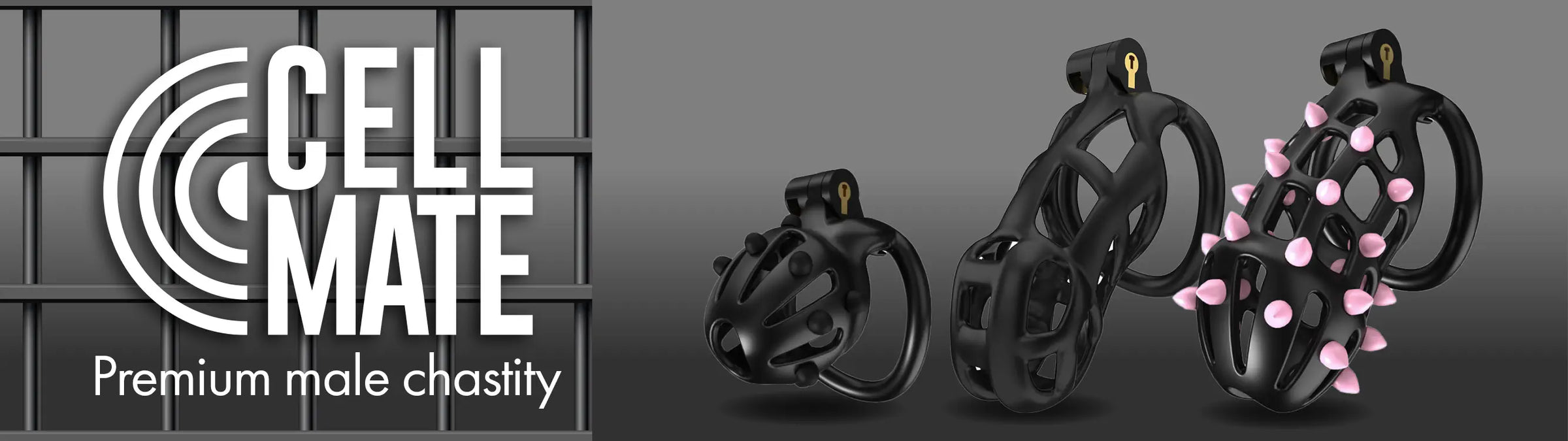 Cell Mate male chastity devices on a gray background