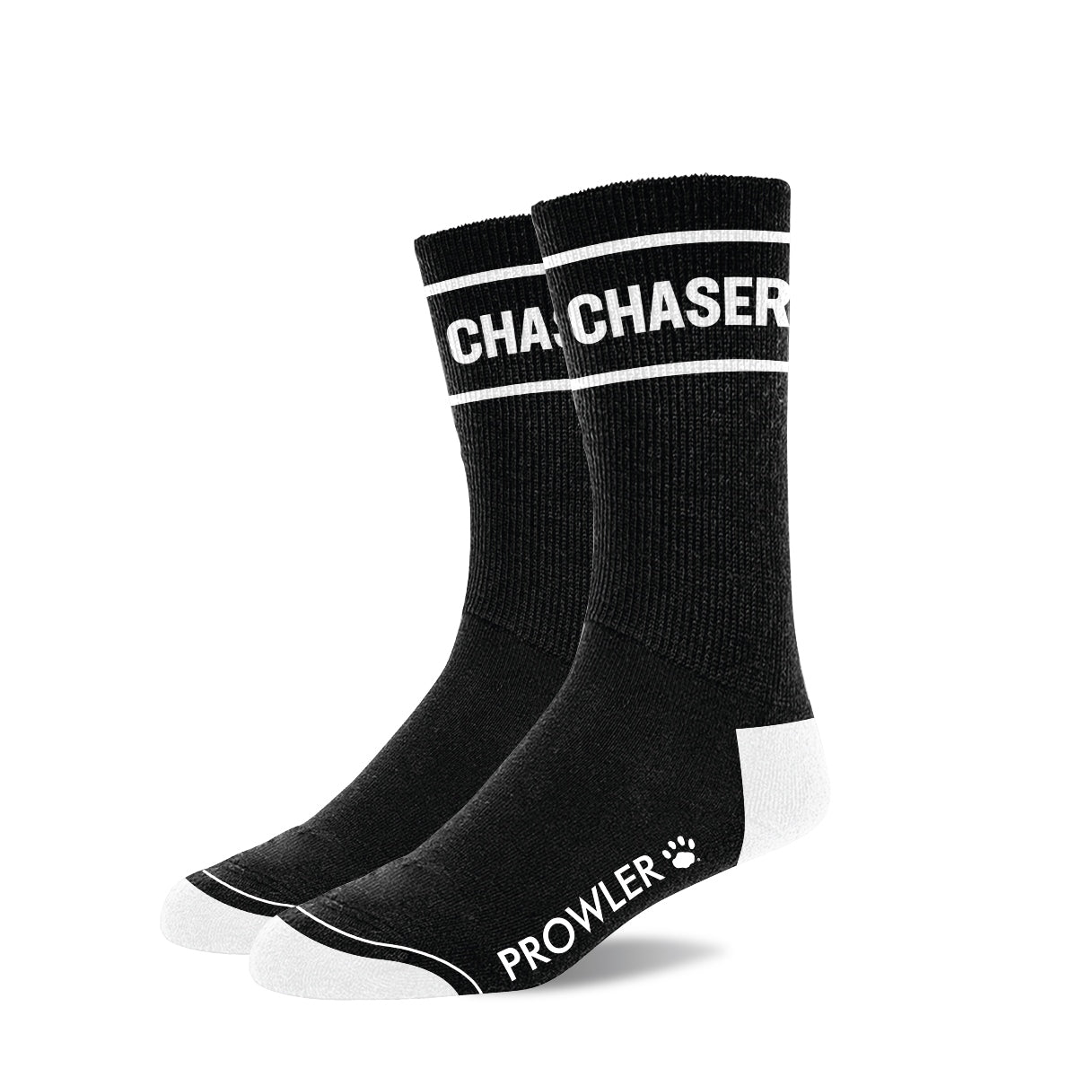 Black socks with 'Chaser' and 'Prowler' branding on a white background