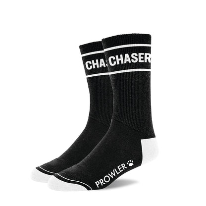 Black socks with 'Chaser' and 'Prowler' branding on a white background