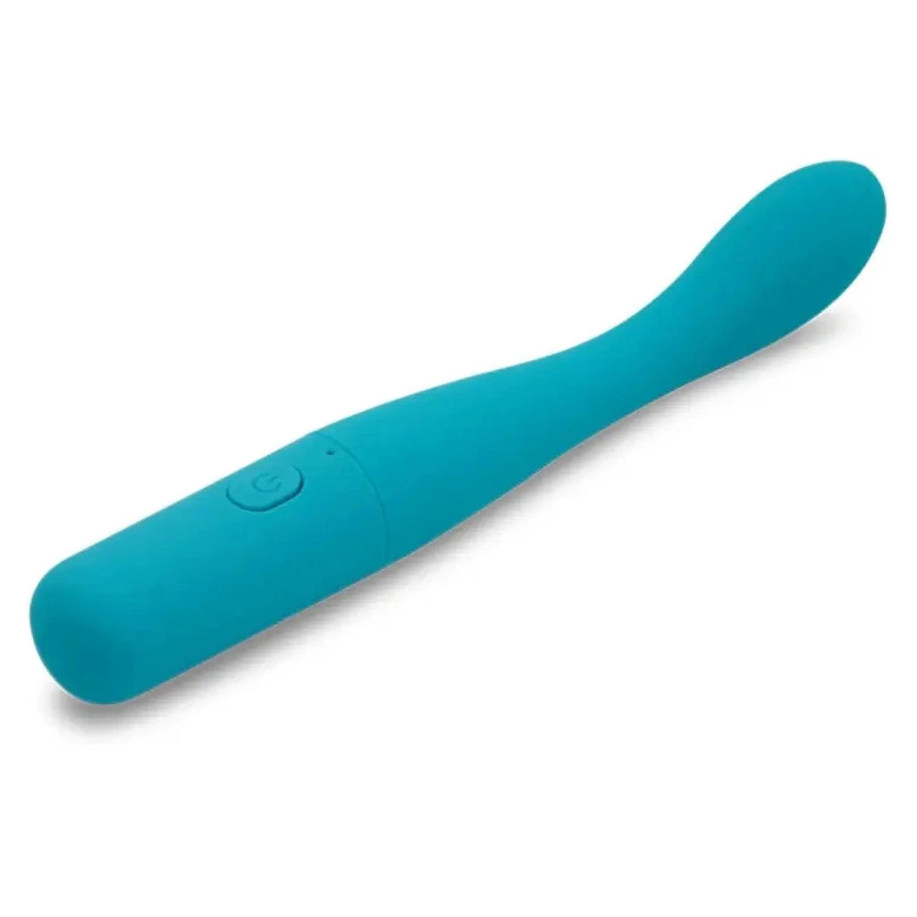 Blue silicone vibrator on a white background