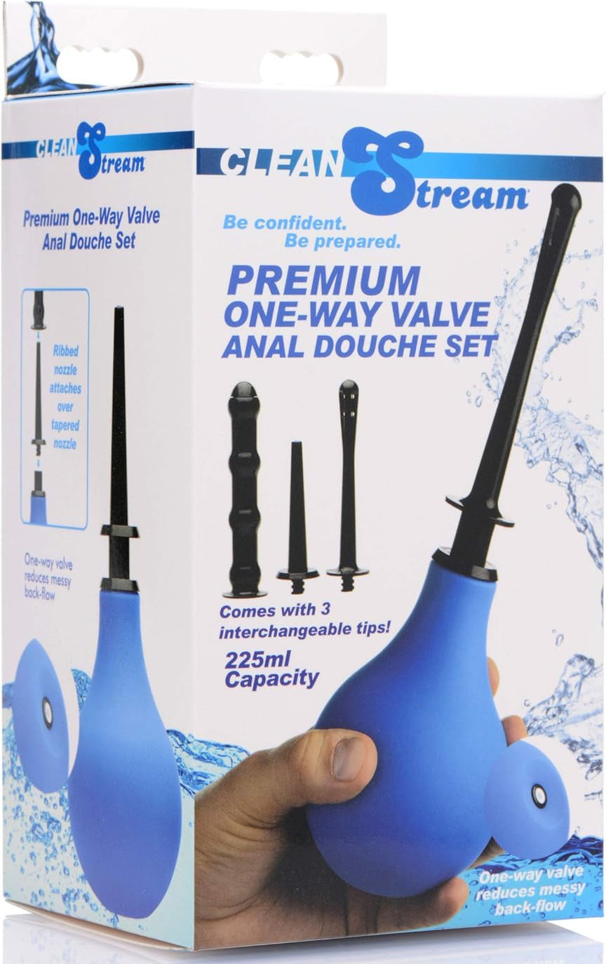 Box of CleanStream Premium One-Way Valve Anal Douche Set with blue douche and black valve on a white background.
