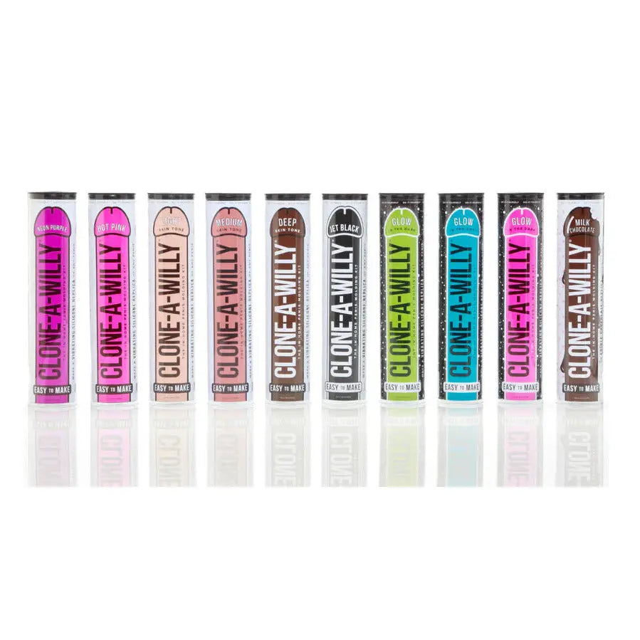 Row of Clone-A-Willy products in various colors on a white background