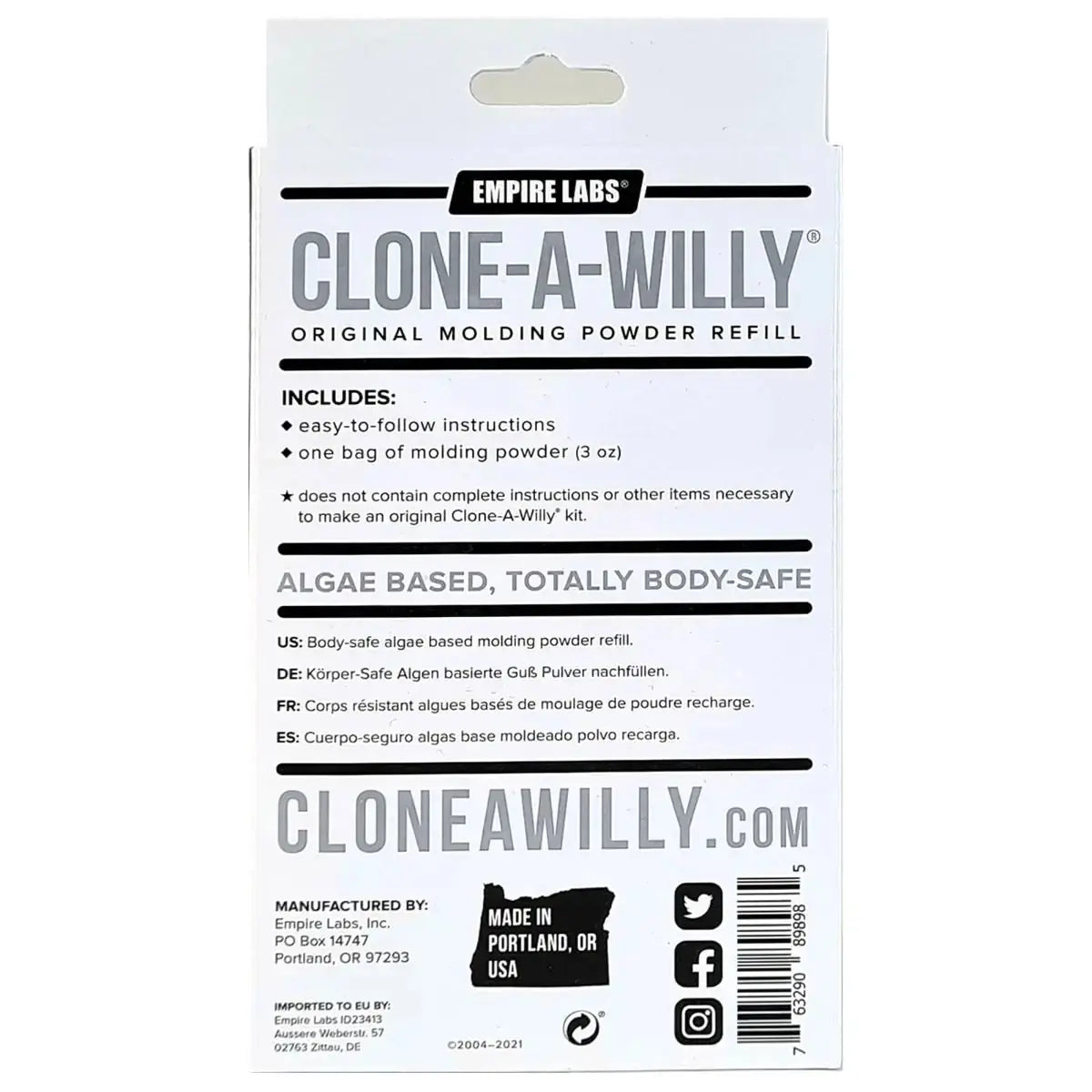Package of Clone-A-Willy molding powder refill with branding and product details.