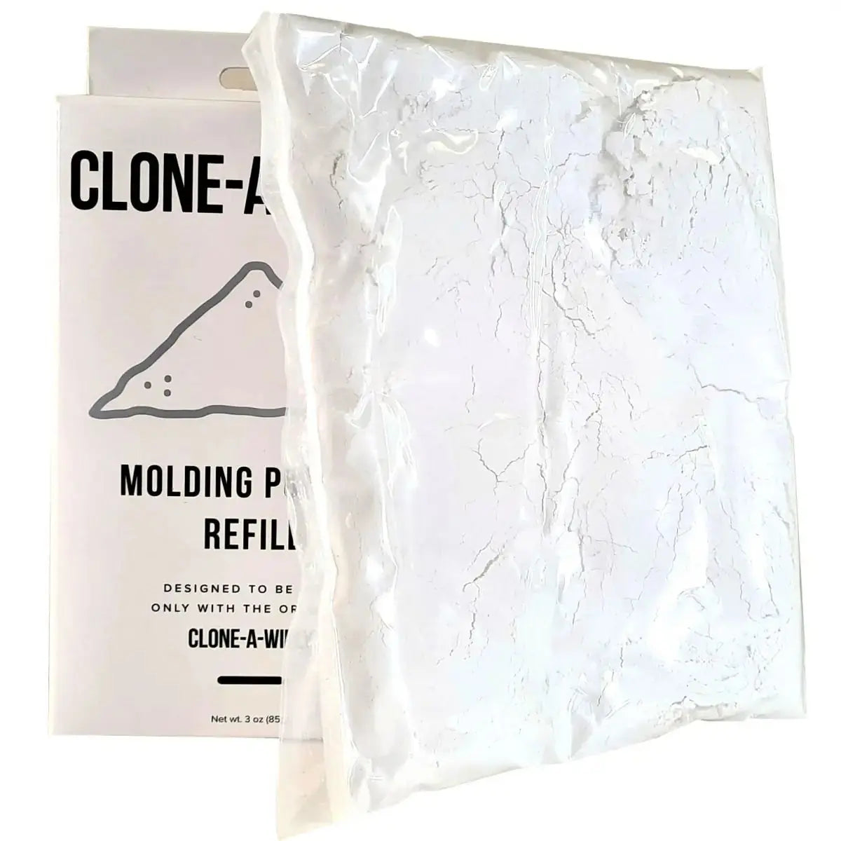 Molding powder refill package with white powder on a white background