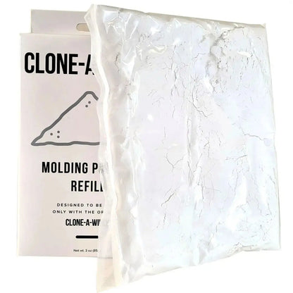 Molding powder refill package with white powder on a white background