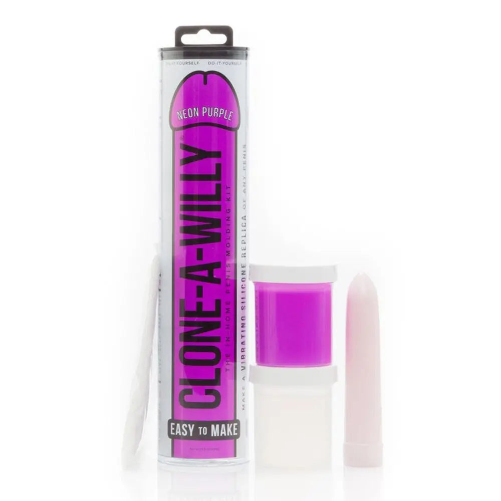 Clone-A-Willy product neon purple and packaging on a white background