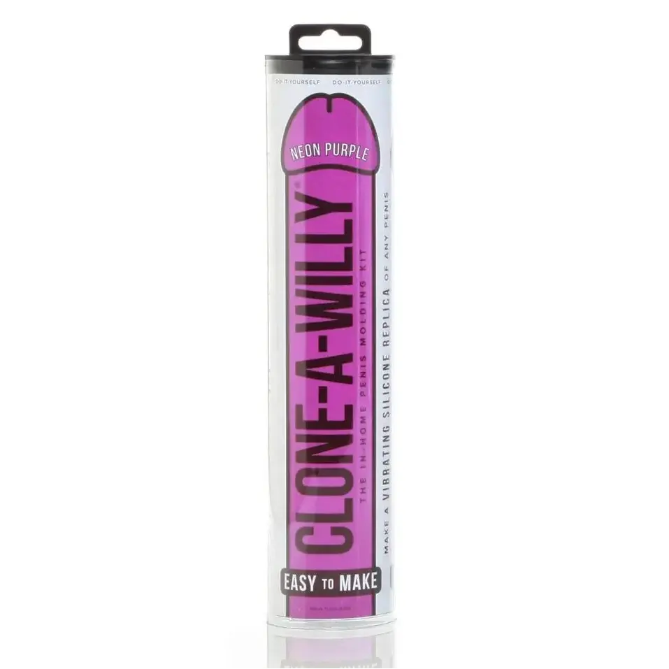 Clone-A-Willy product packaging in neon purple on a white background