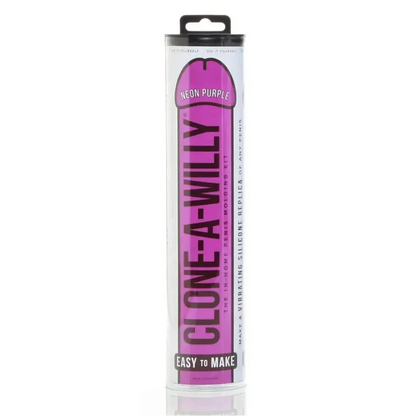 Clone-A-Willy product packaging in neon purple on a white background