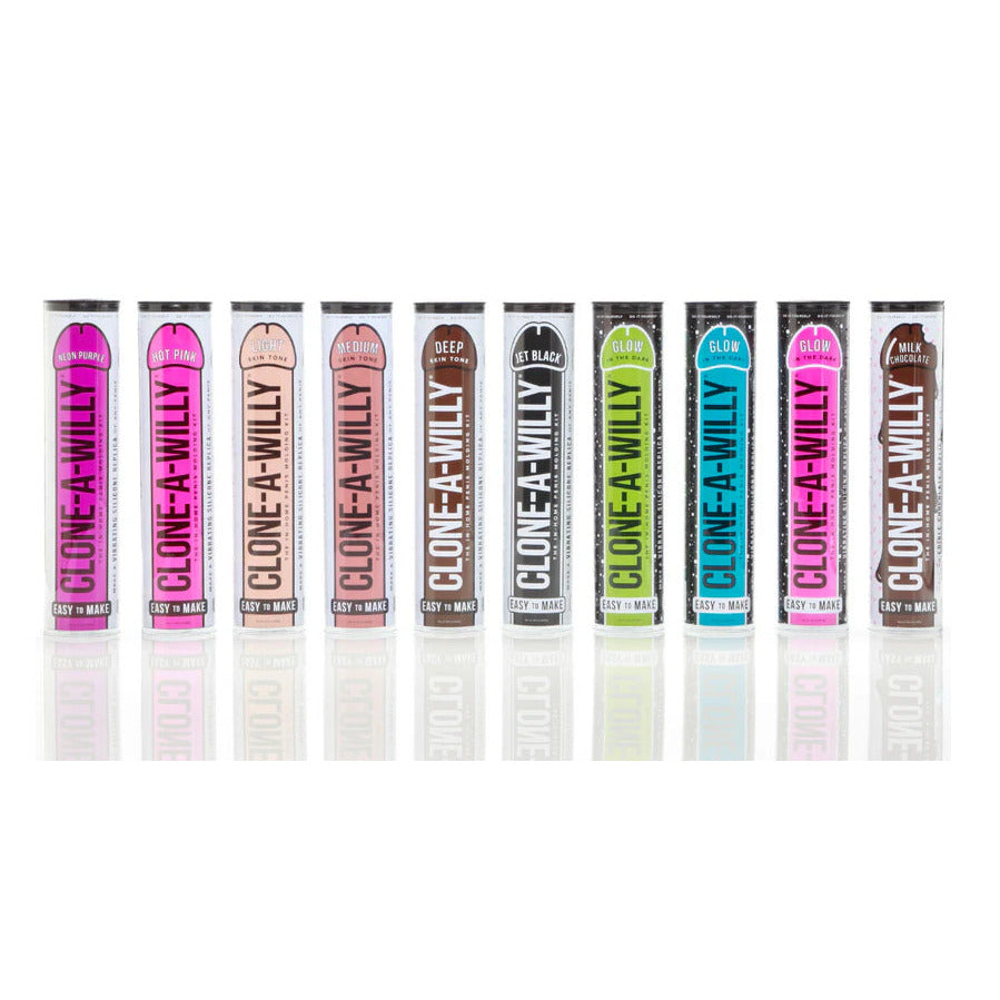 Row of Clone-A-Willy products in various colors on a white background