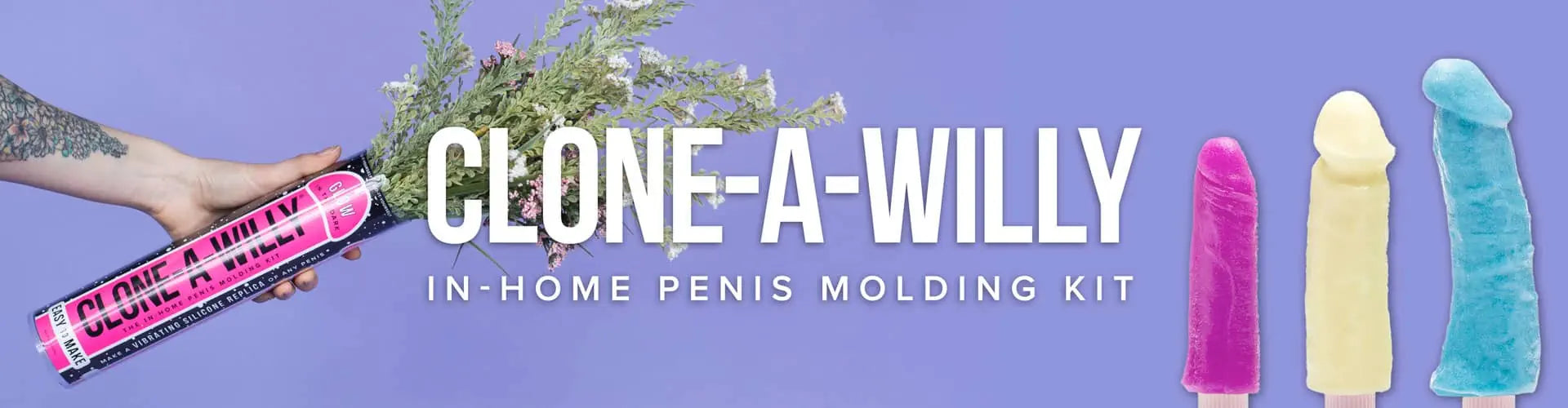 Clone-A-Willy in-home penis molding kit with colorful models on a blue background