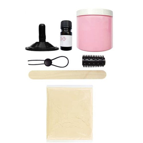 Collection of molding tools and products including a pink container, brush, and other items on a white background.