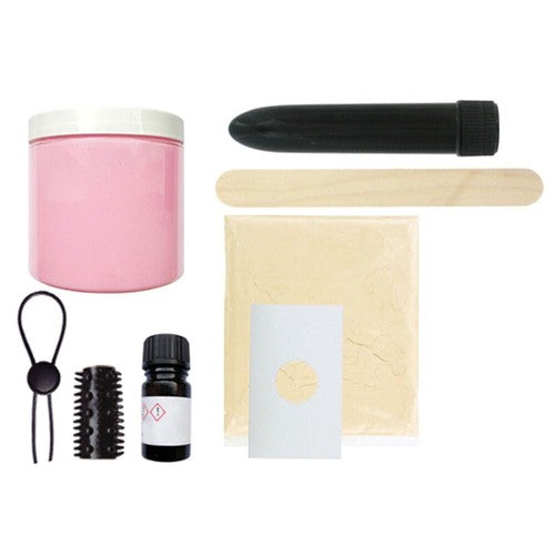 Collection of cleaning tools including a pink container, brush, bottle, and cloths on a white background