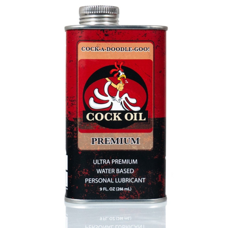 Cock-a-Doodle-Goo Cock Oil premium personal lubricant can on a white background