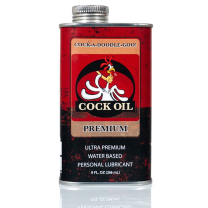 Cock-a-Doodle-Goo Cock Oil premium personal lubricant can on a white background