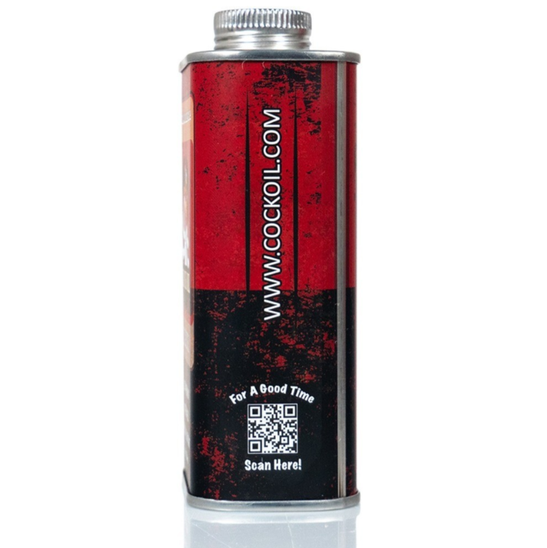 Red and black cock oil can with a QR code on a white background