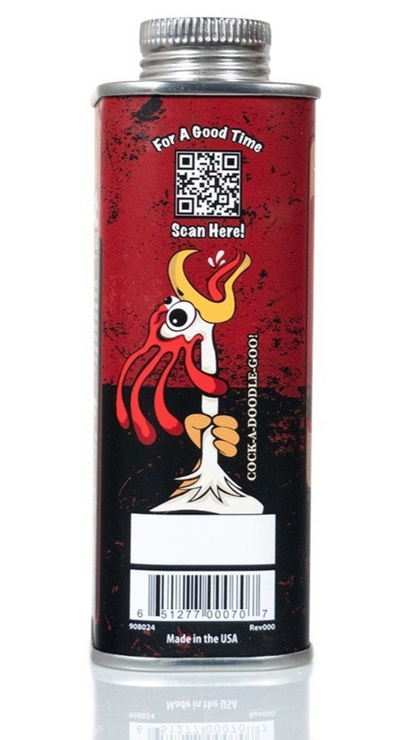 Can with a red label featuring a cartoon character and QR code on a white background