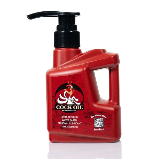 Red bottle of Cock Oil with a pump on a white background