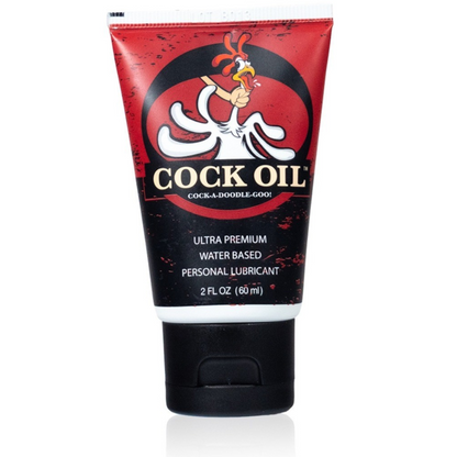Tube of Cock Oil lubricant with a red and black label on a white background