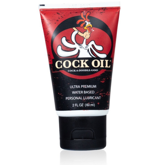 Tube of Cock Oil lubricant with a red and black label on a white background