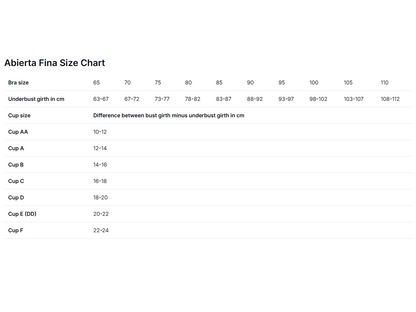 Size chart for bras with cup sizes and underbust girth measurements.