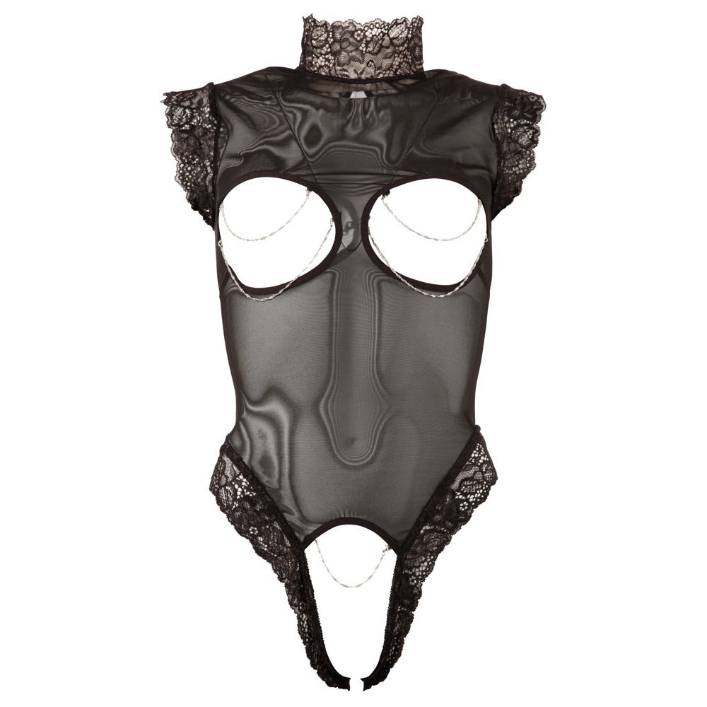 Black bodysuit with lace details on a white background