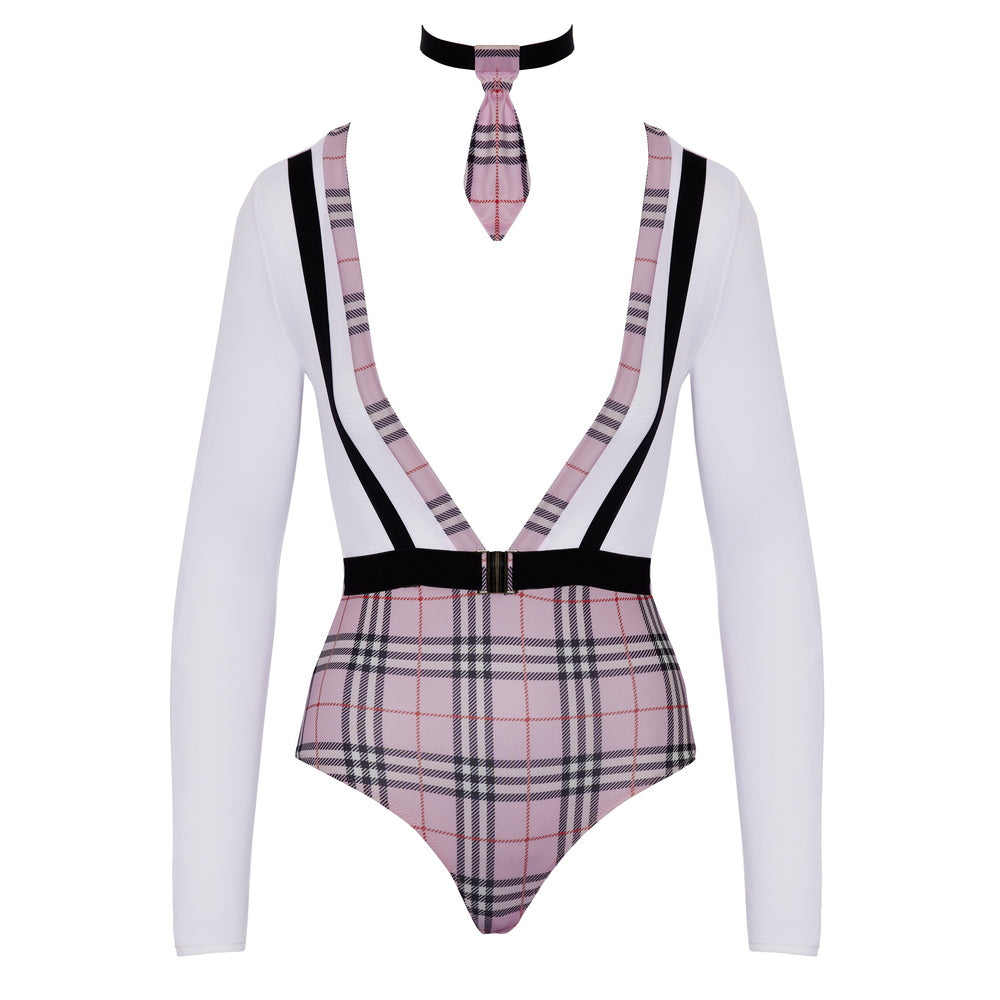Pink plaid bodysuit with suspenders and a matching tie on a white background