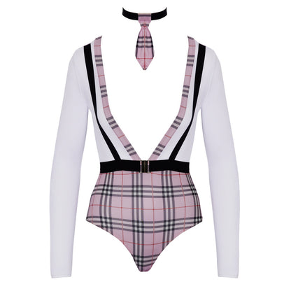 Pink plaid bodysuit with suspenders and a matching tie on a white background