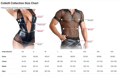 Cottelli Collection size chart with mannequin models wearing sheer black lingerie.