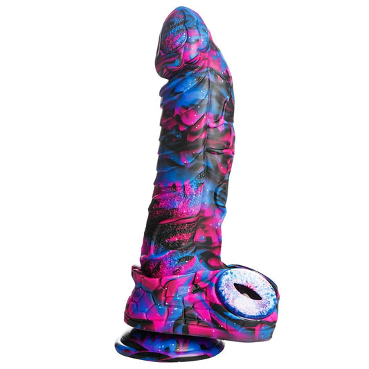 Colorful abstract-patterned dildo on a white background