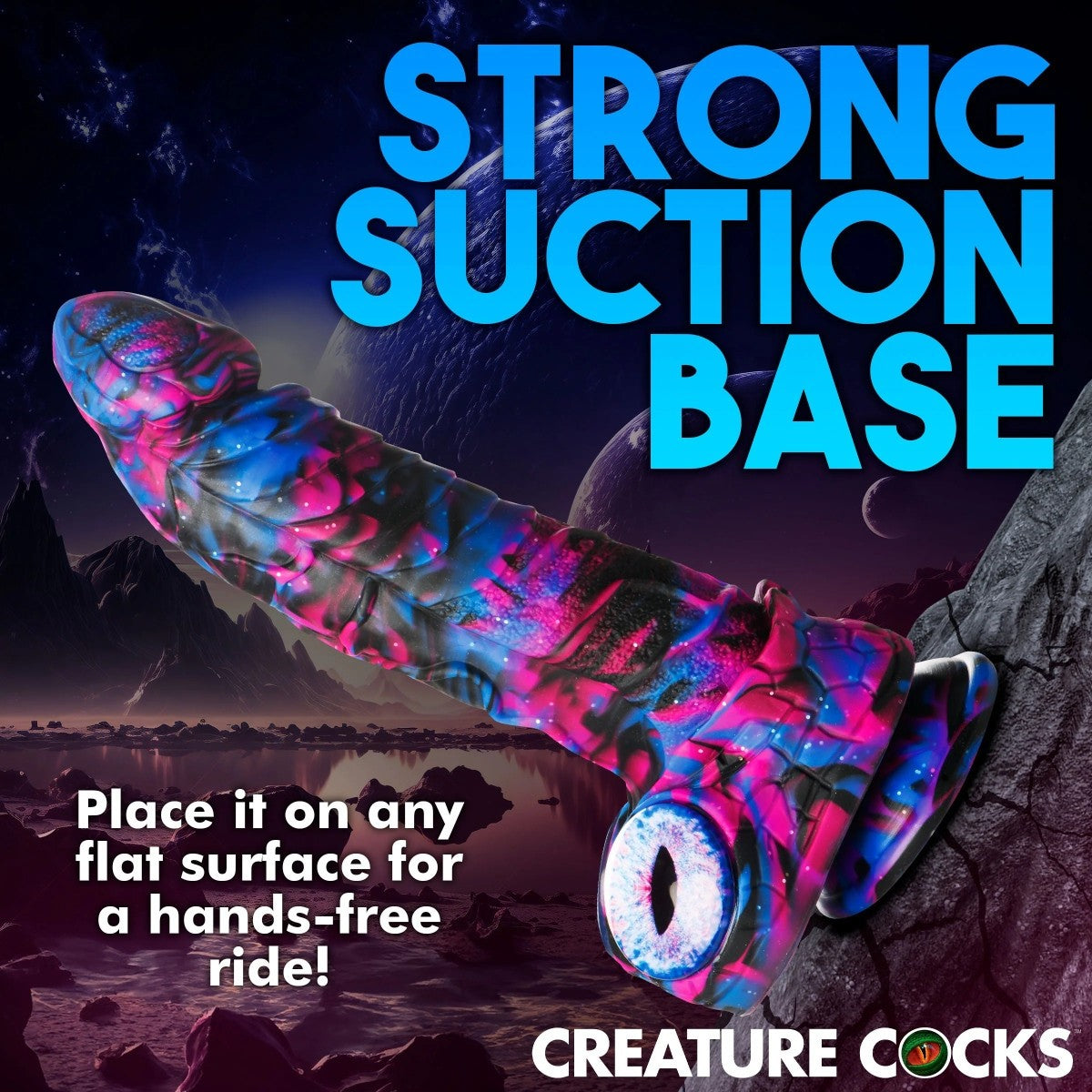 Colorful textured dildo with 'Strong Suction Base' text against a space-themed background.