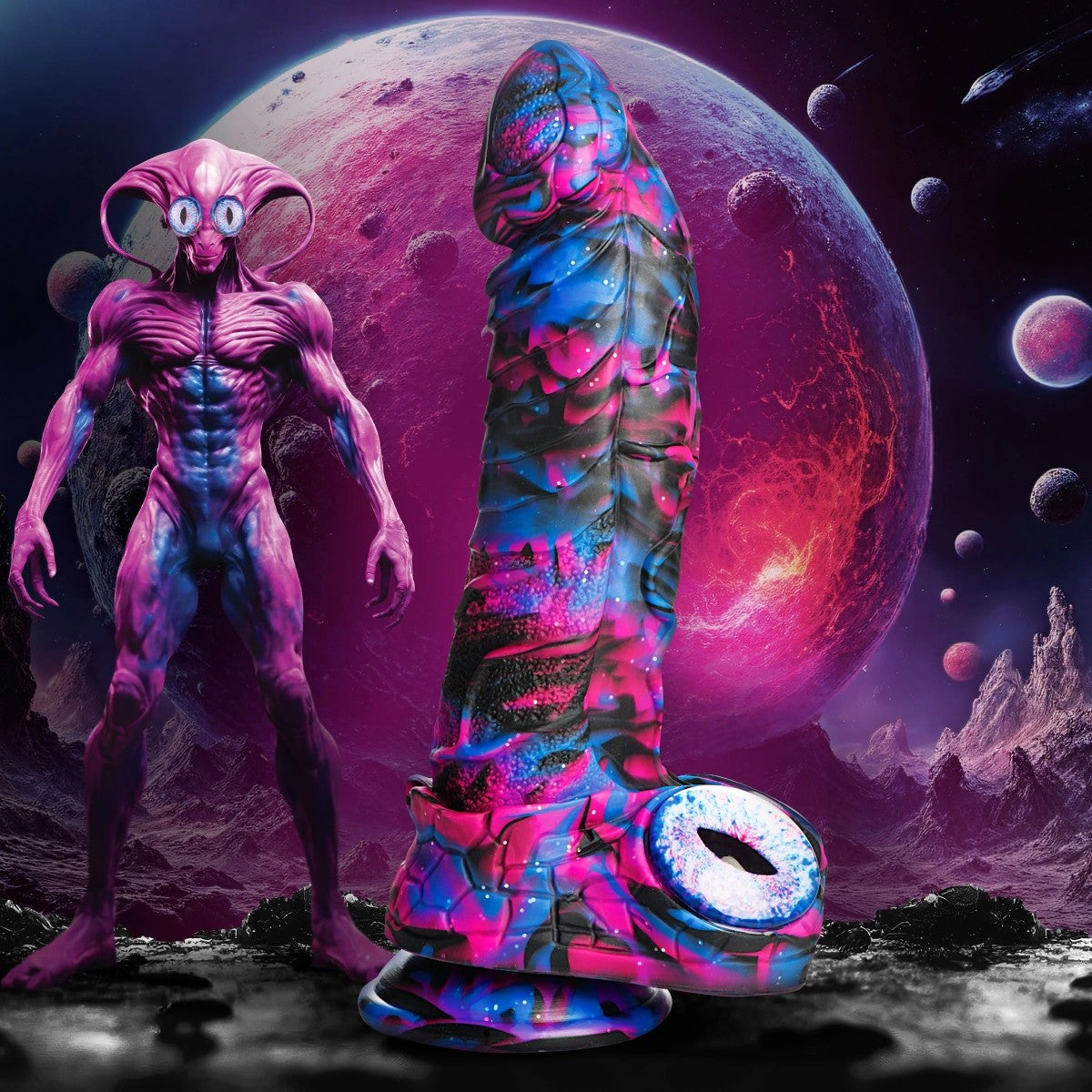 Alien-like creature and sci fi dildo on a planet with a vibrant, otherworldly landscape.