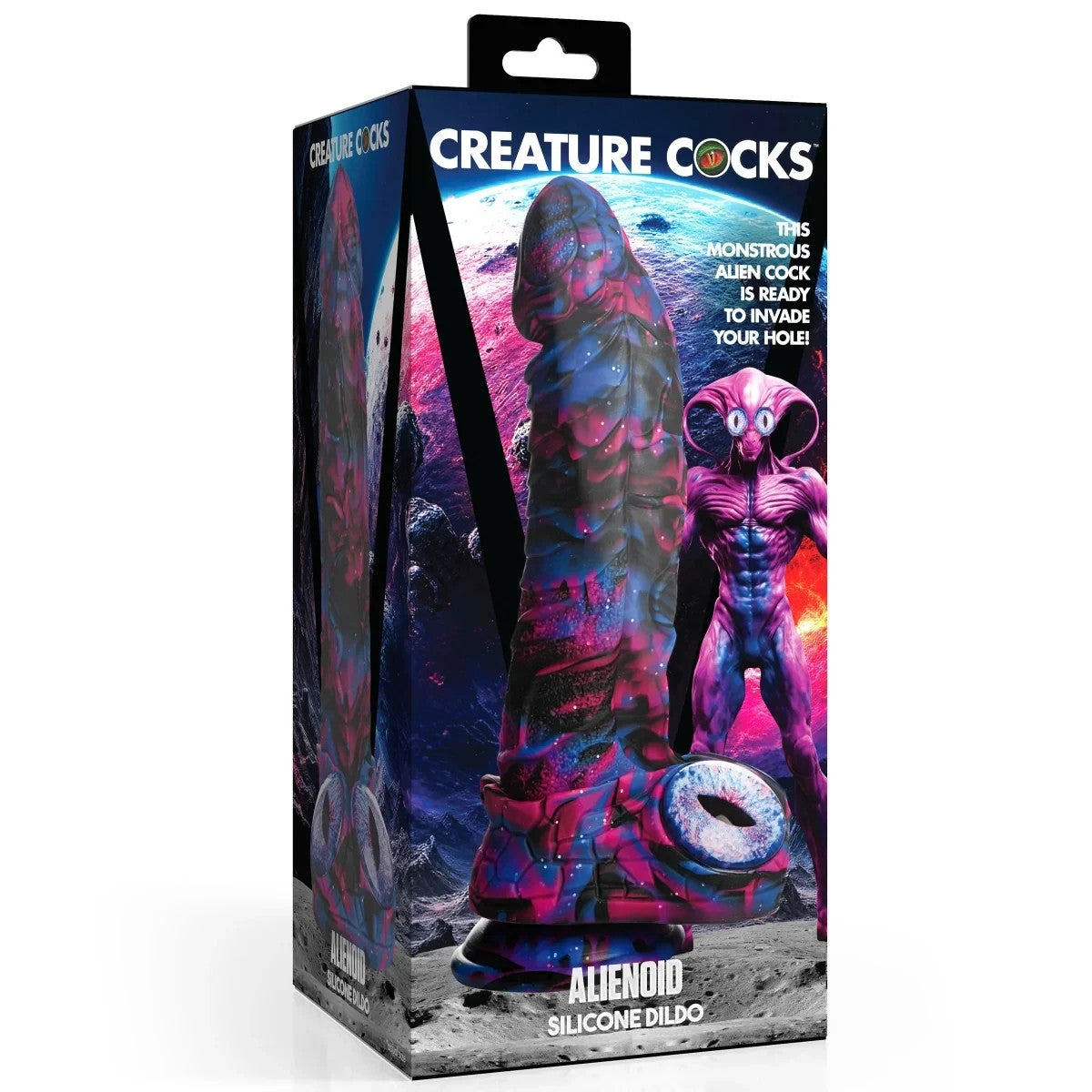 Boxed alien-themed silicone dildo with colorful design and 'Creature Cocks' branding.