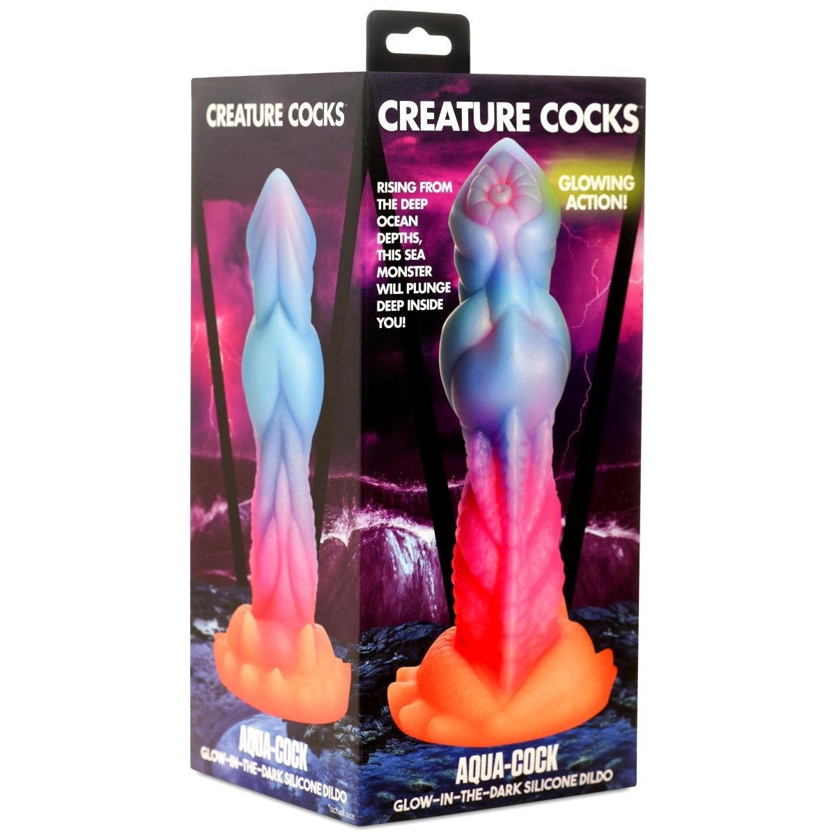 Boxed Aqua-Cock with glowing action packaging on a white background