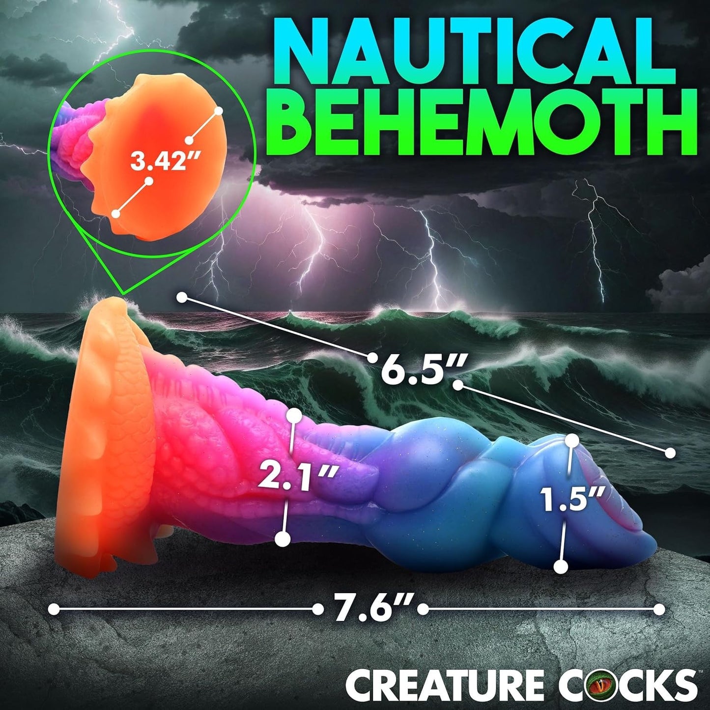 Colorful nautical-themed product with measurements against a stormy sea background