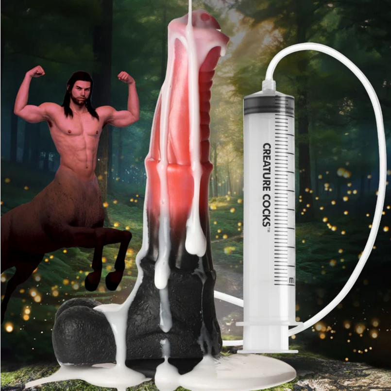 Product with a dildo and syringe labeled 'Creature Cocks' against a forest background
