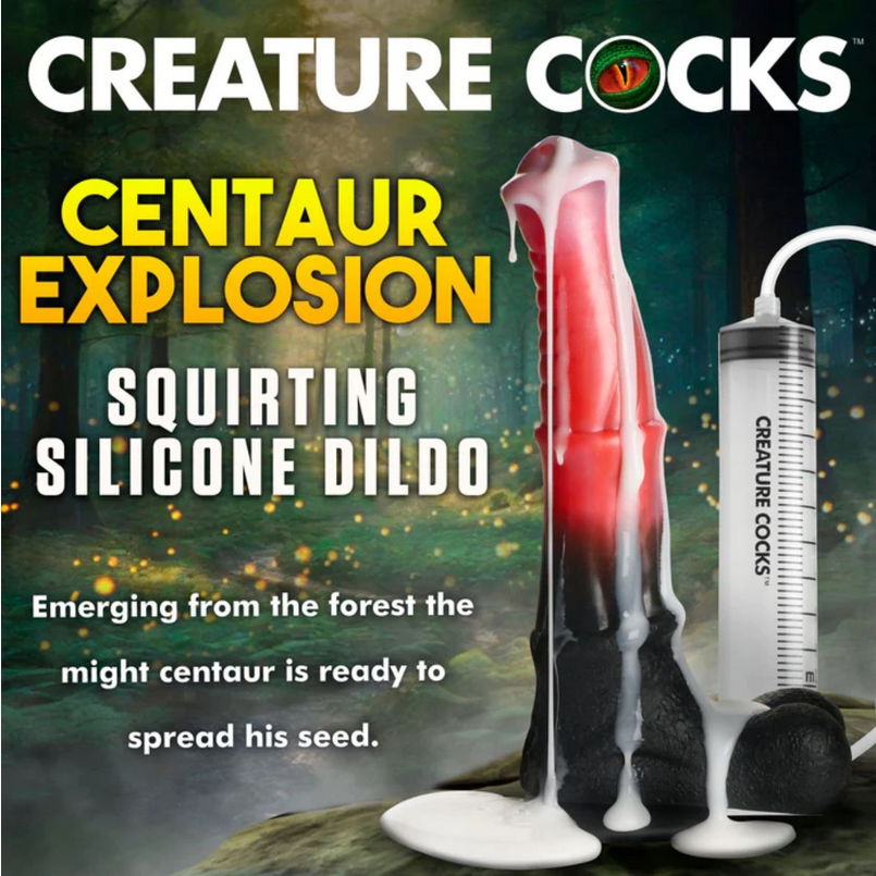 Advertisement for a 'Centaur Explosion' squirting silicone dildo with a forest background.