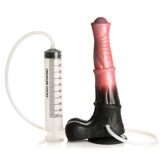 Black and red silicone cock with syringe on a white background