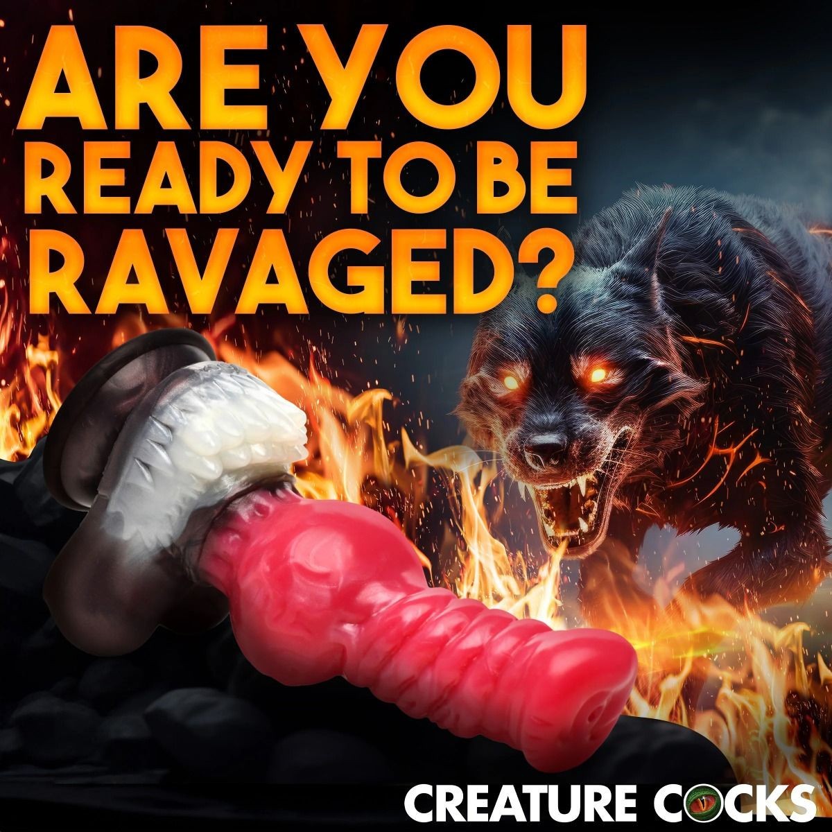 Product with fiery background and text 'Are you ready to be ravaged?'