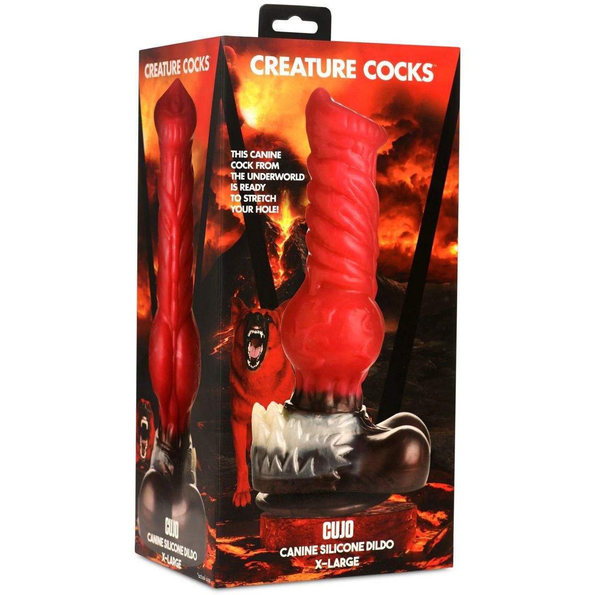 Red silicone dildo in packaging with fiery background and 'Creature Cocks' branding.