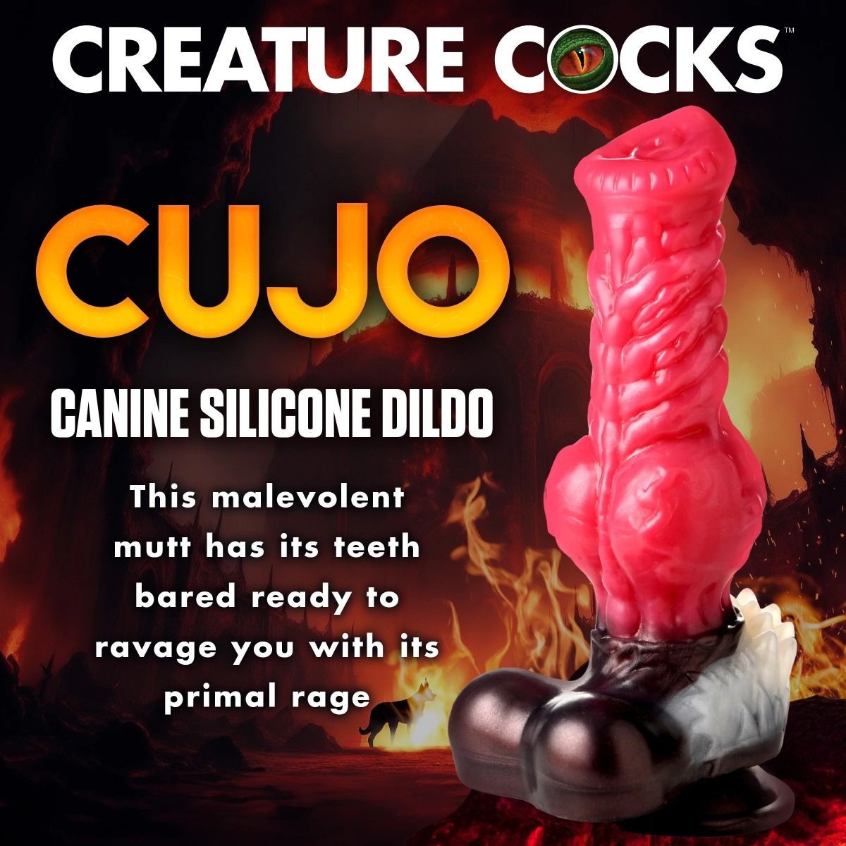 Canine silicone dildo with fiery background and 'Creature Cocks' branding