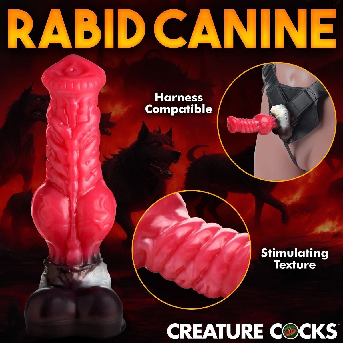  sex toy with 'Rabid Canine' branding on a dark background with wolf silhouettes.