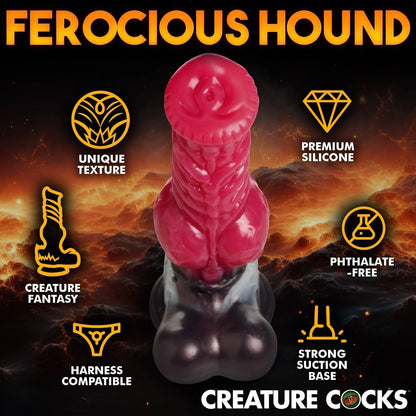 Pink and black silicone product with features listed on a fiery background, branded as 'Creature Cocks'.
