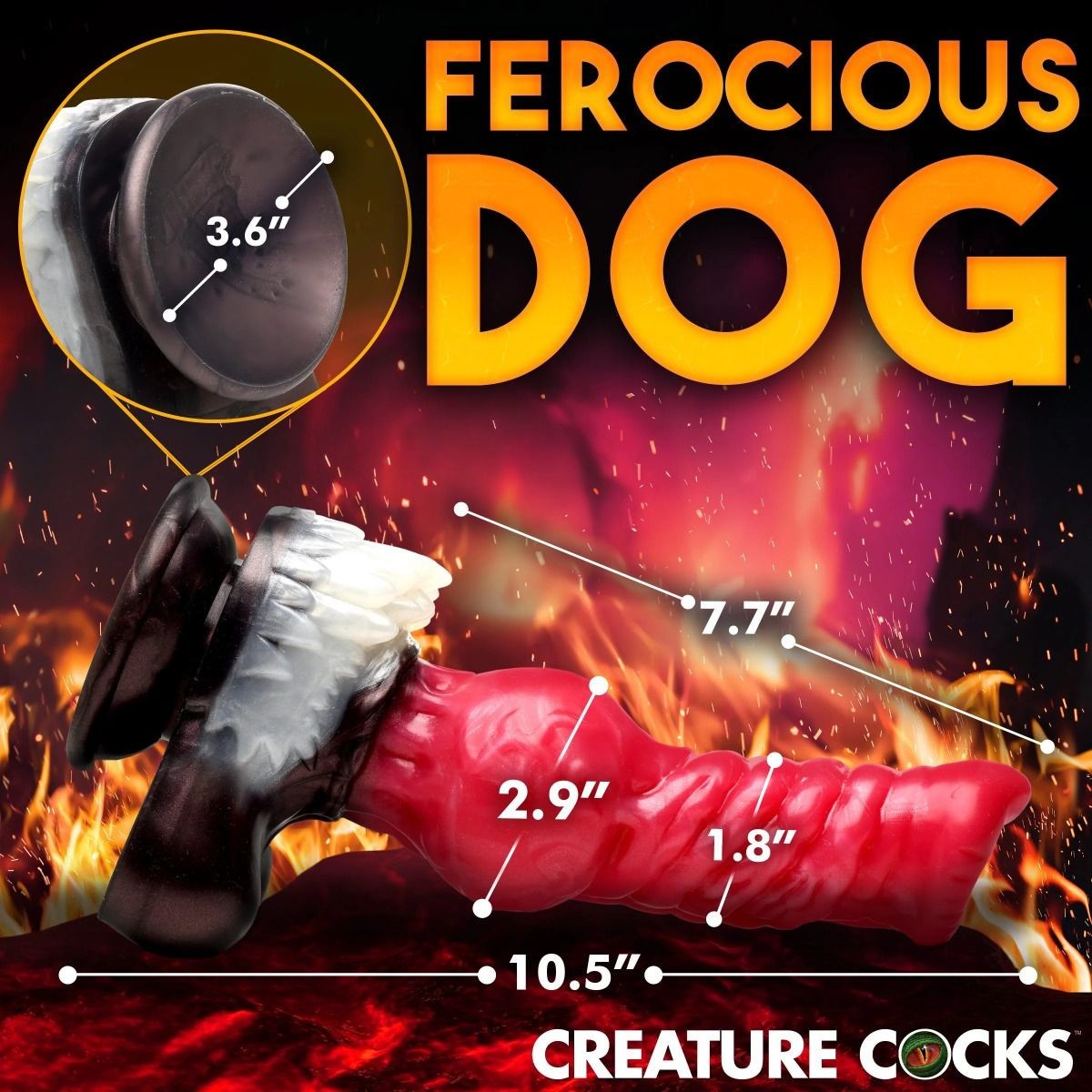 Advertisement for 'Ferocious Dog' with detailed measurements of a product against a fiery background.